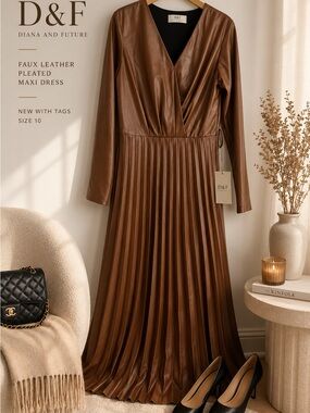 NWT D&F Faux Leather Pleated Maxi Dress Brown Long Sleeve Wrap Dress